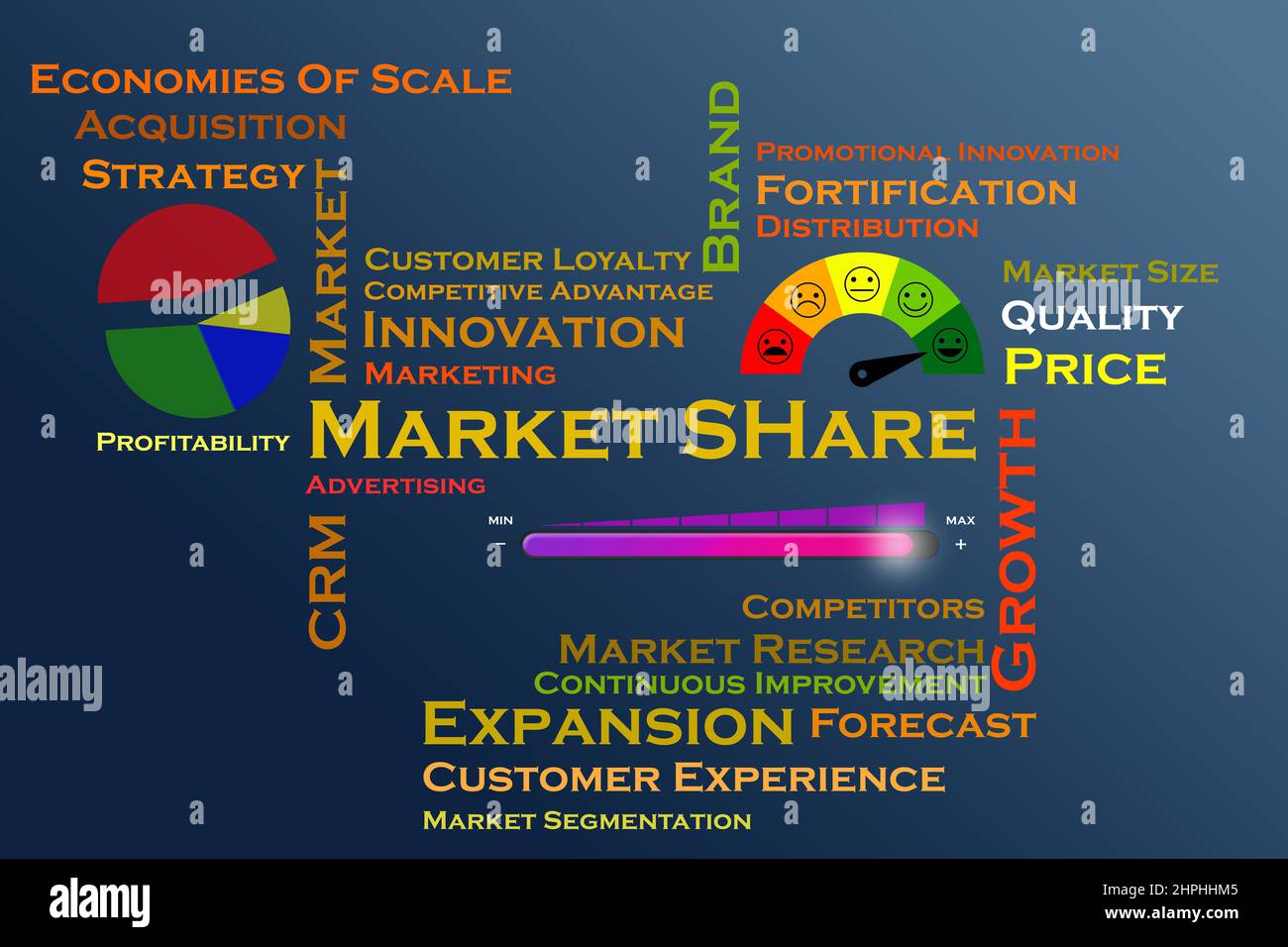 Market share infographics with key related terms and illustrative
