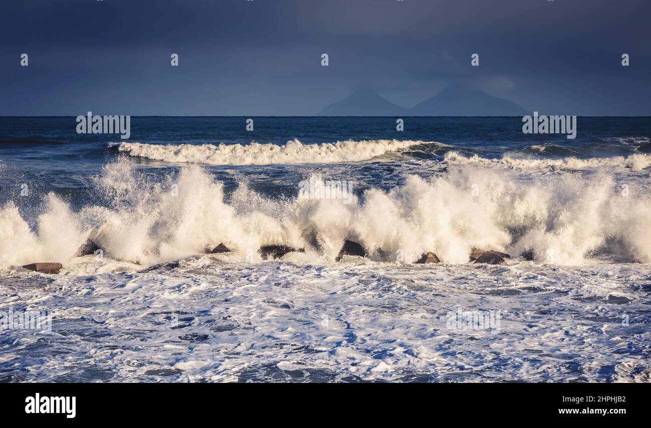 Fantastic sea view with dark sky and strong storm waves. Dramatic and picturesque scene. Location Gioiosa Marea. Lipari island, Sicilia, Italy, Europe Stock Photo