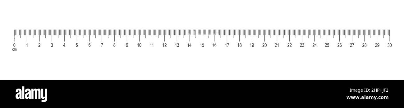 Horizontal scale of ruler with 30 centimeters markup and numbers. Distance, height or length measurement math or sewing tool template. Vector outline illustration Stock Vector