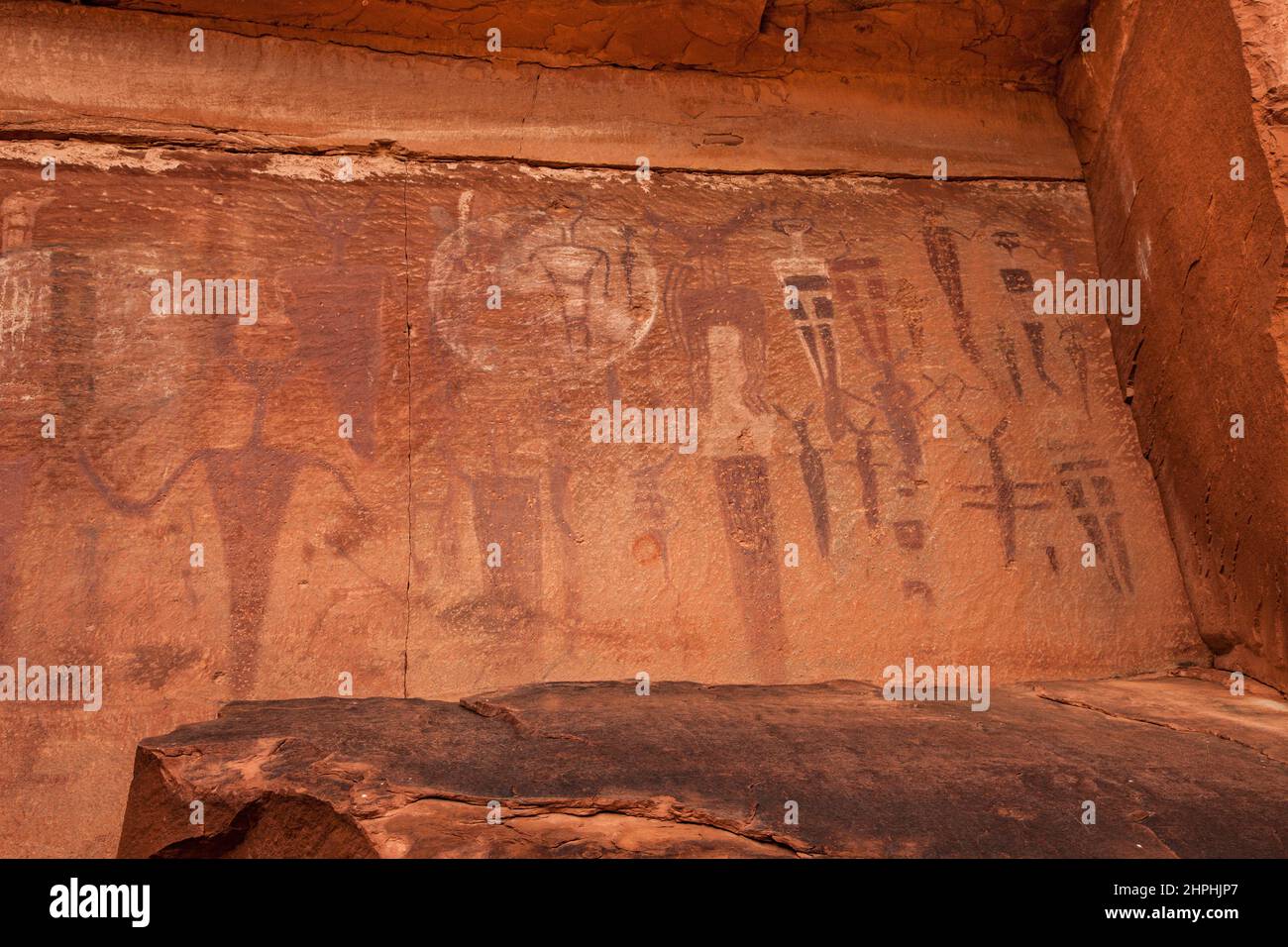 The painted rock art pictographs of the Courthouse Creek Panel in