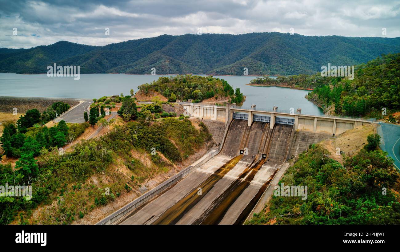 Aerial view of the Lake Eildon hydroelectric infrastructure dam and