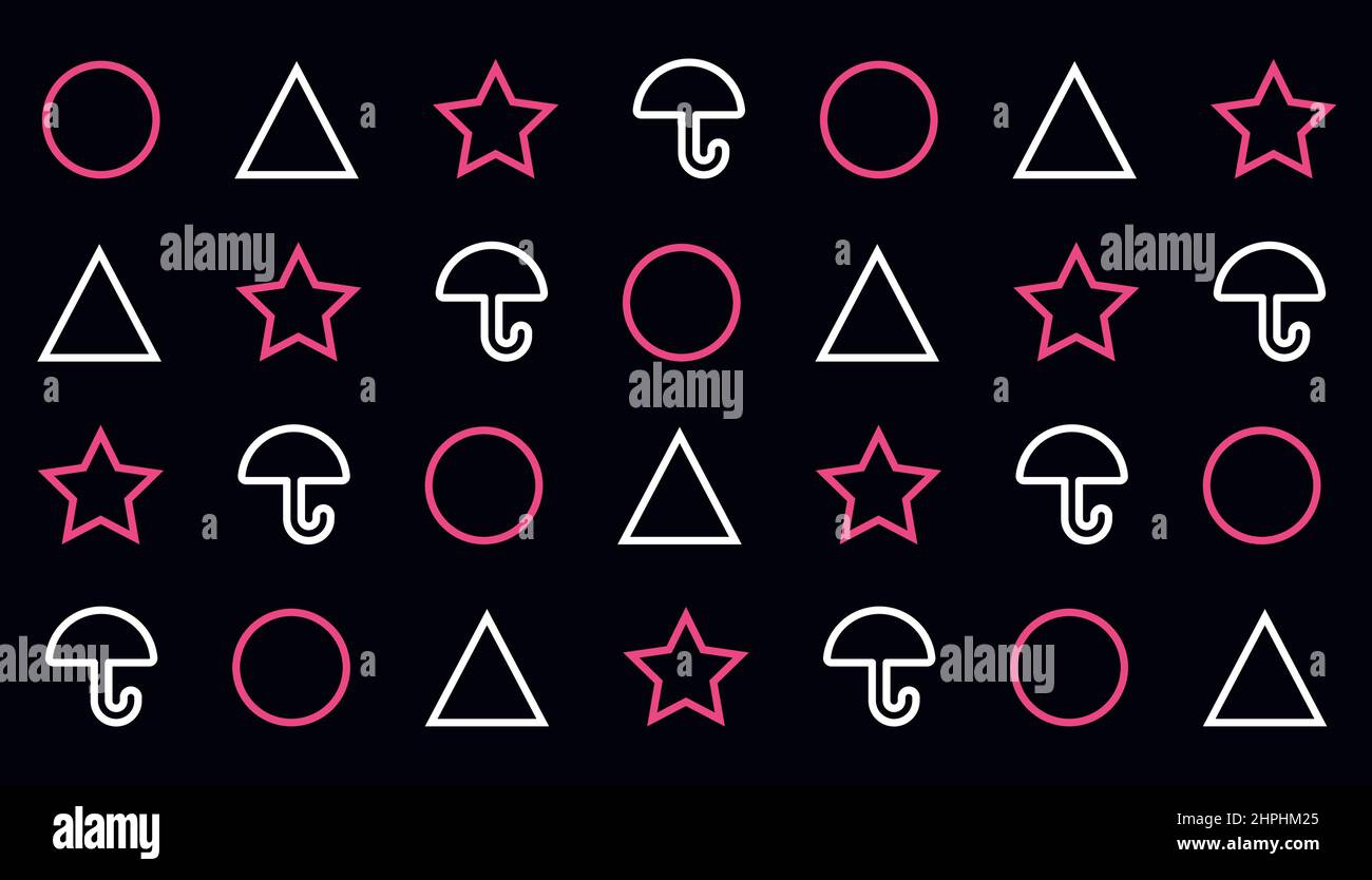 Squid Game pattern. Pink and white circle, triangle, star and umbrella shapes on black background. Vector Stock Vector