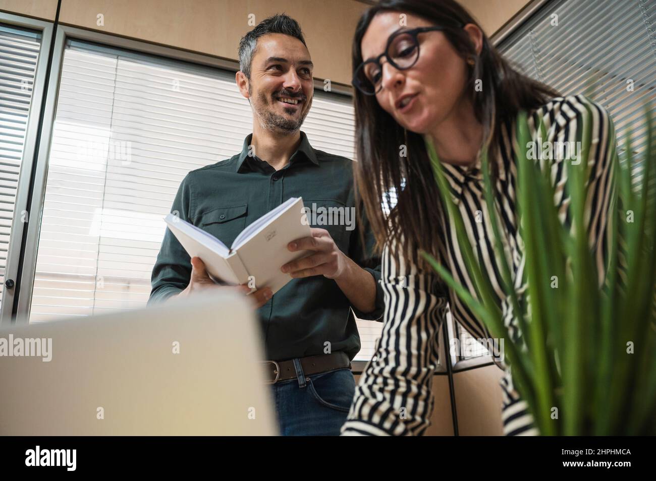 Middle age man and woman working on a project in an office. Stock Photo