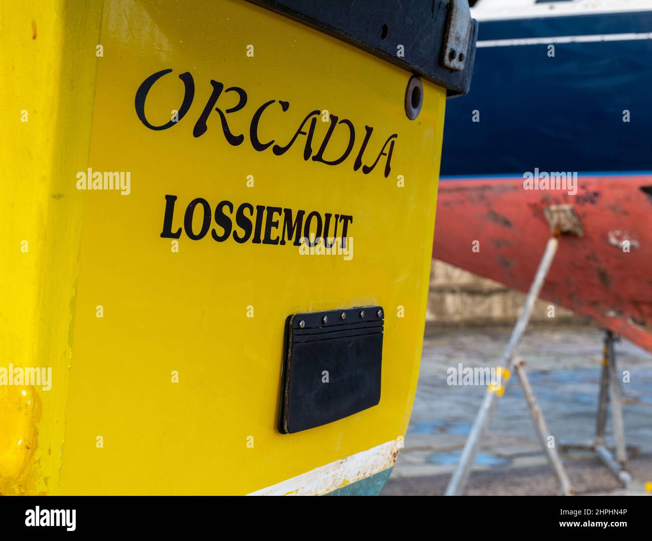 21 February 2022. Lossiemouth, Moray, Scotland. This is a dry moored boat called Orcadia meaning from Orkney on the pier at Lossiemouth harbour. The n Stock Photo