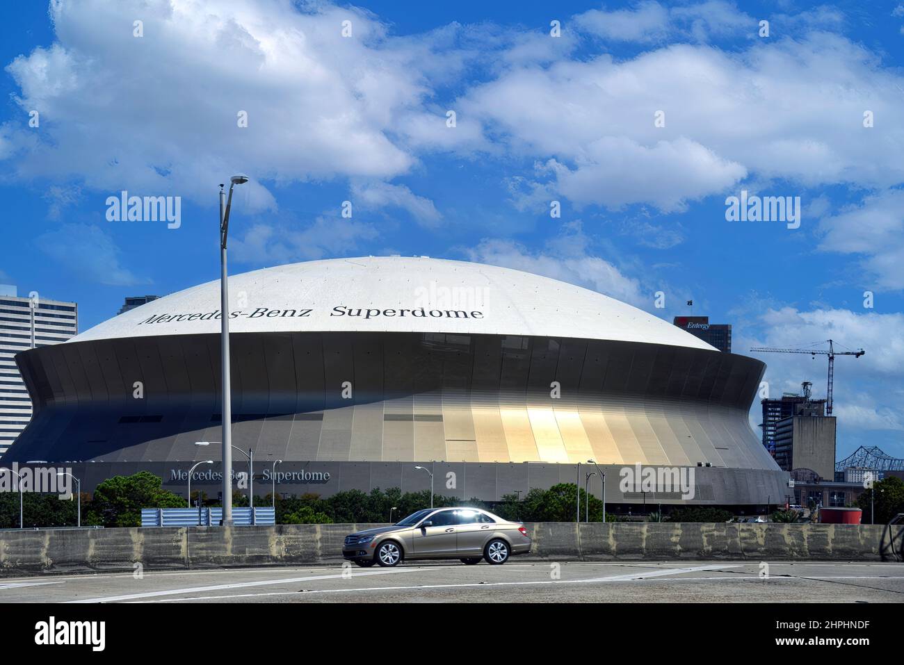 New Orleans, LA, USA - September 27, 2019: The Superdome, the famous multi-purpose stadium that houses the NFL team the New Orleans Saints.  In 2021 the naming rights switched from Mercedes-Benz to Caesars. In 2005, the Superdome temporarily housed thousands of people left homeless due to Hurricane Katrina Stock Photo