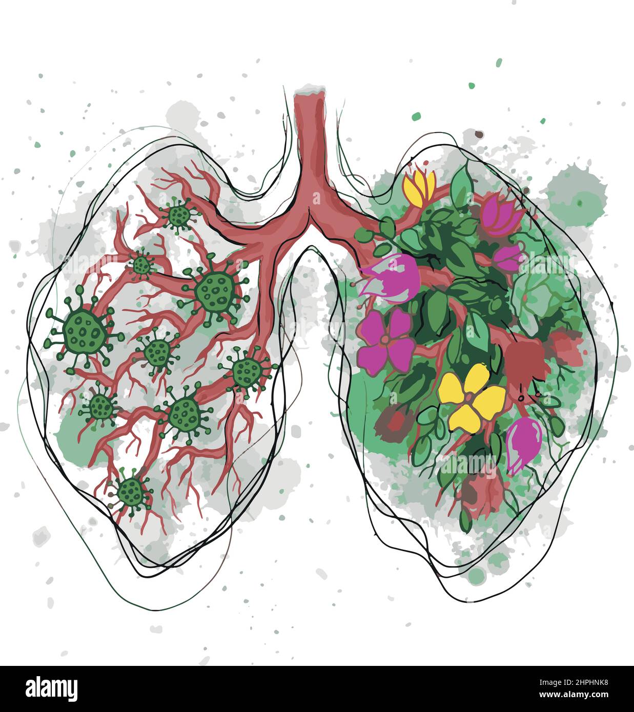 Healthy and sick lungs, in flowers and with covid19 virus. Concept