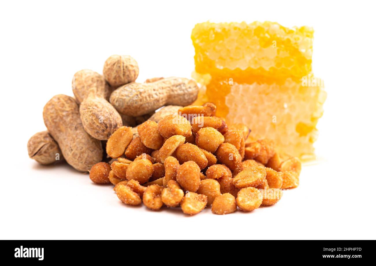 Honey Roasted Peanuts on a White Background Stock Photo