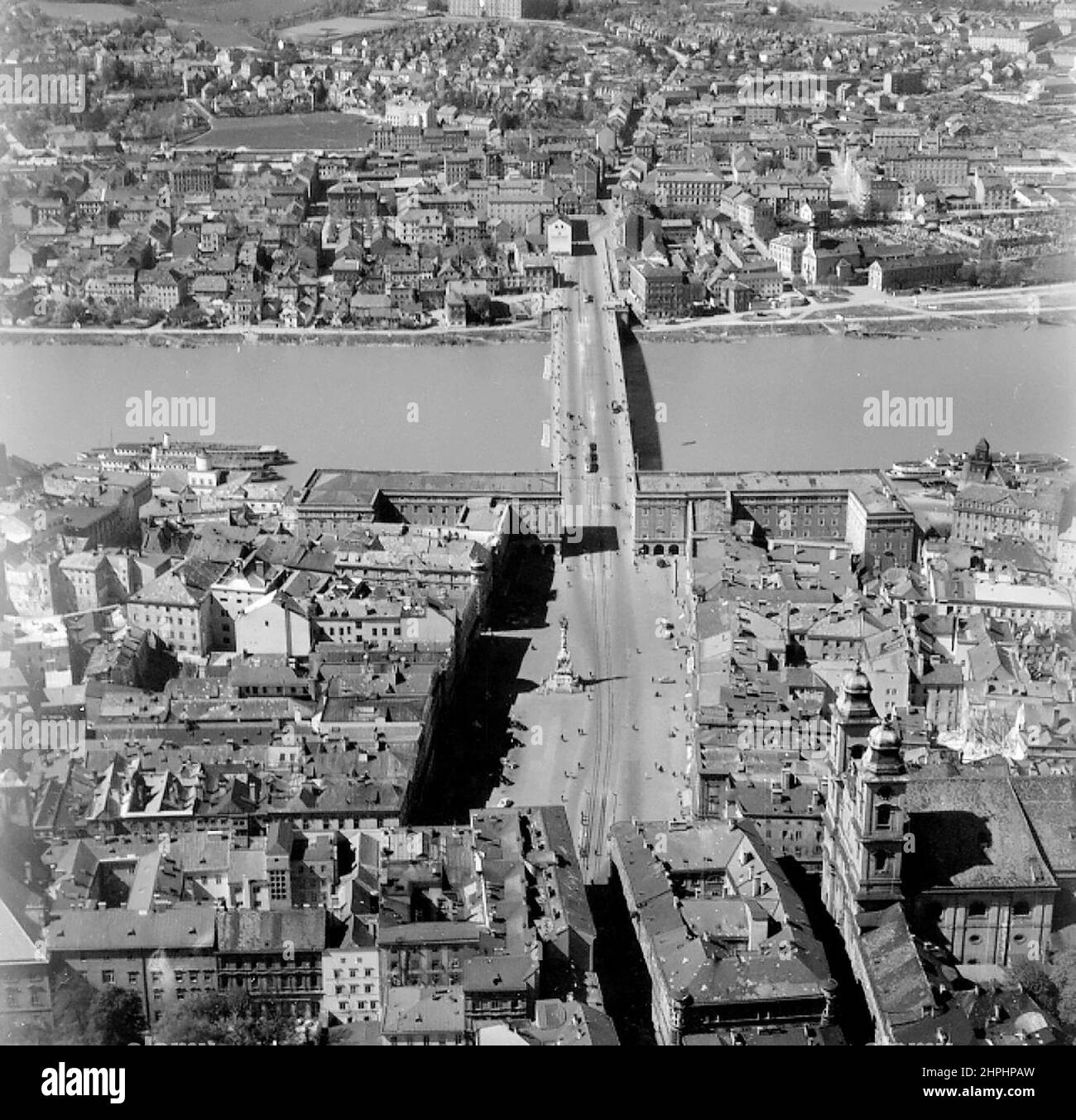 Aerial view of downtown Linz with the main square and Urfahr from the ...