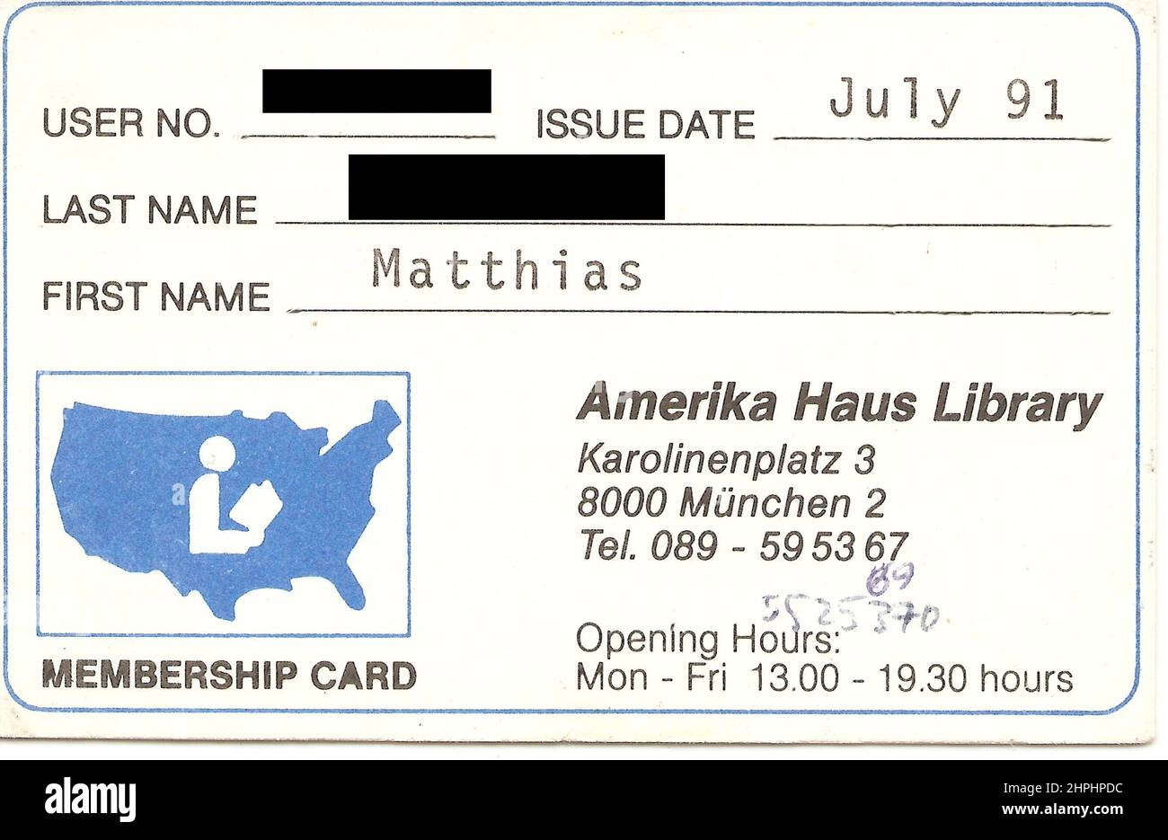 Membership card, Amerika Haus München library ca.  1991 Stock Photo