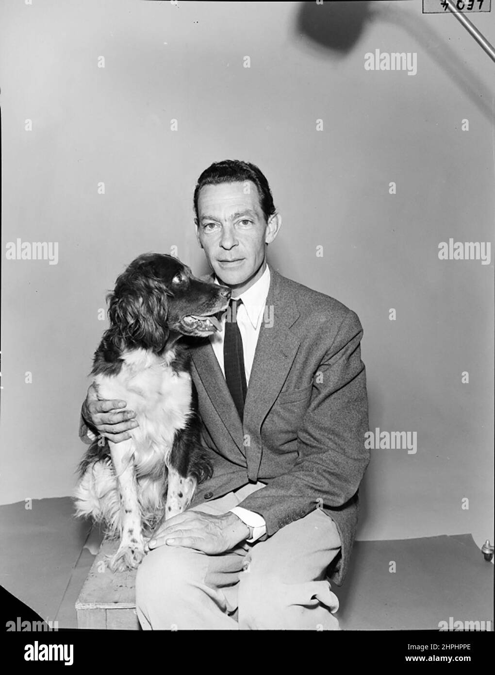 Illustrator Eugen von Ledebur posing for a photo with a dog ca.  2 July 1954 Stock Photo