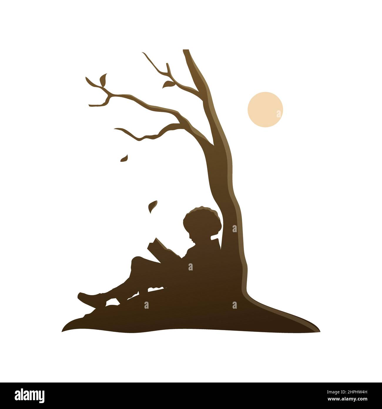 Little Boy Kid Read Book Under Tree Silhouette Stock Vector