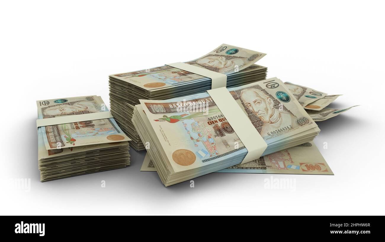 Quetrays Currency Note 3D Stack of Guatemalan quetzal notes isolated on white background Stock ...