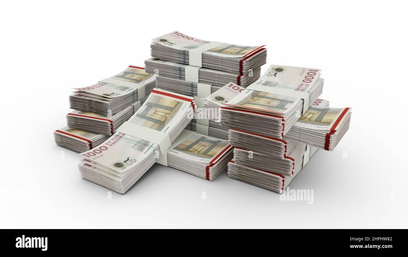 1000 Danish krone notes. 3D rendering of bundles of banknotes Stock Photo