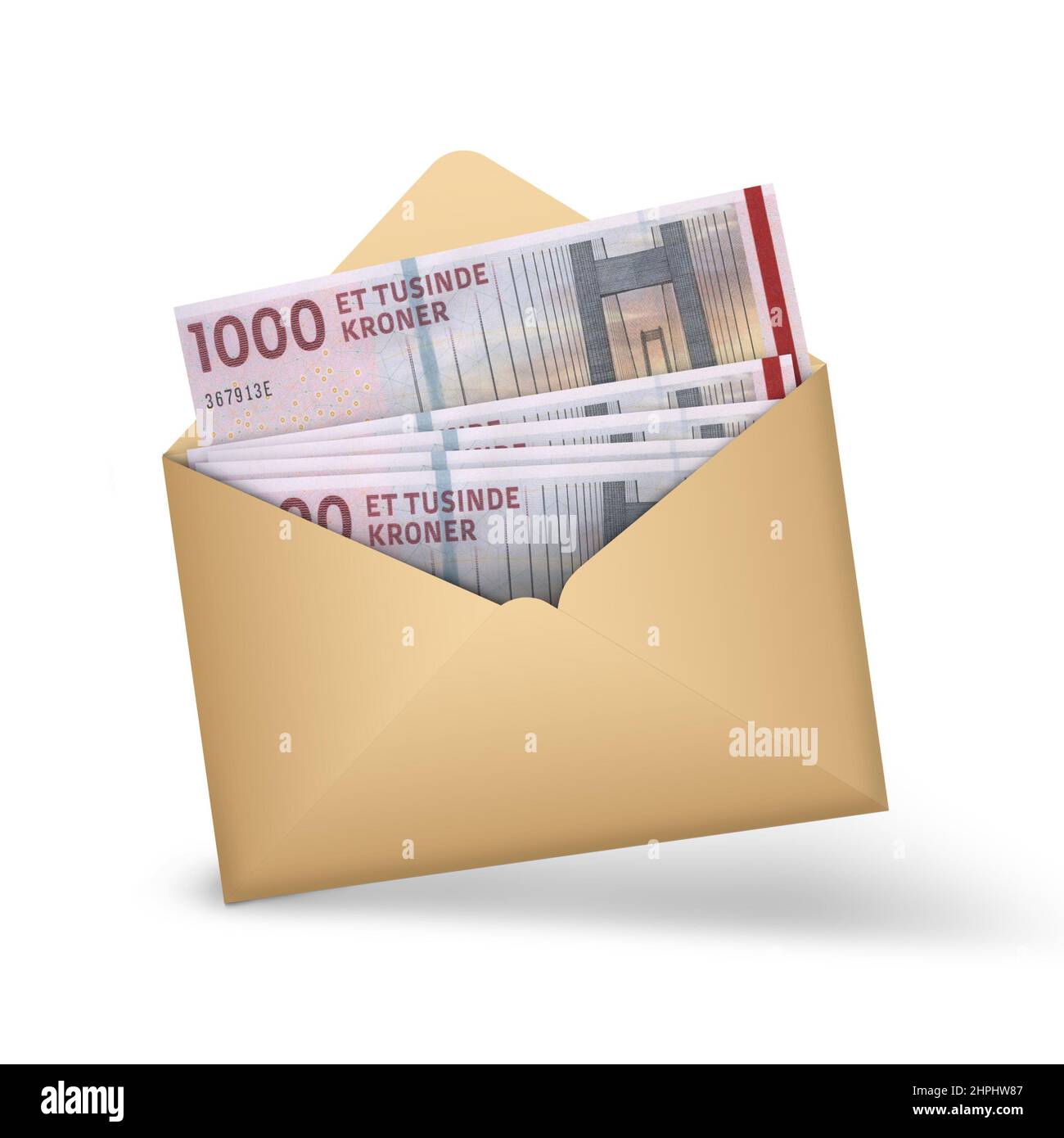 1000 Danish krone notes inside an open brown envelope. 3D illustration of money in an open envelope Stock Photo