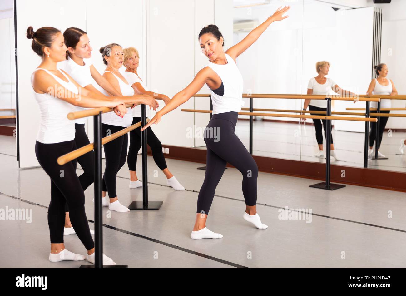 Ballet trainer showing dance moves to her students Stock Photo - Alamy