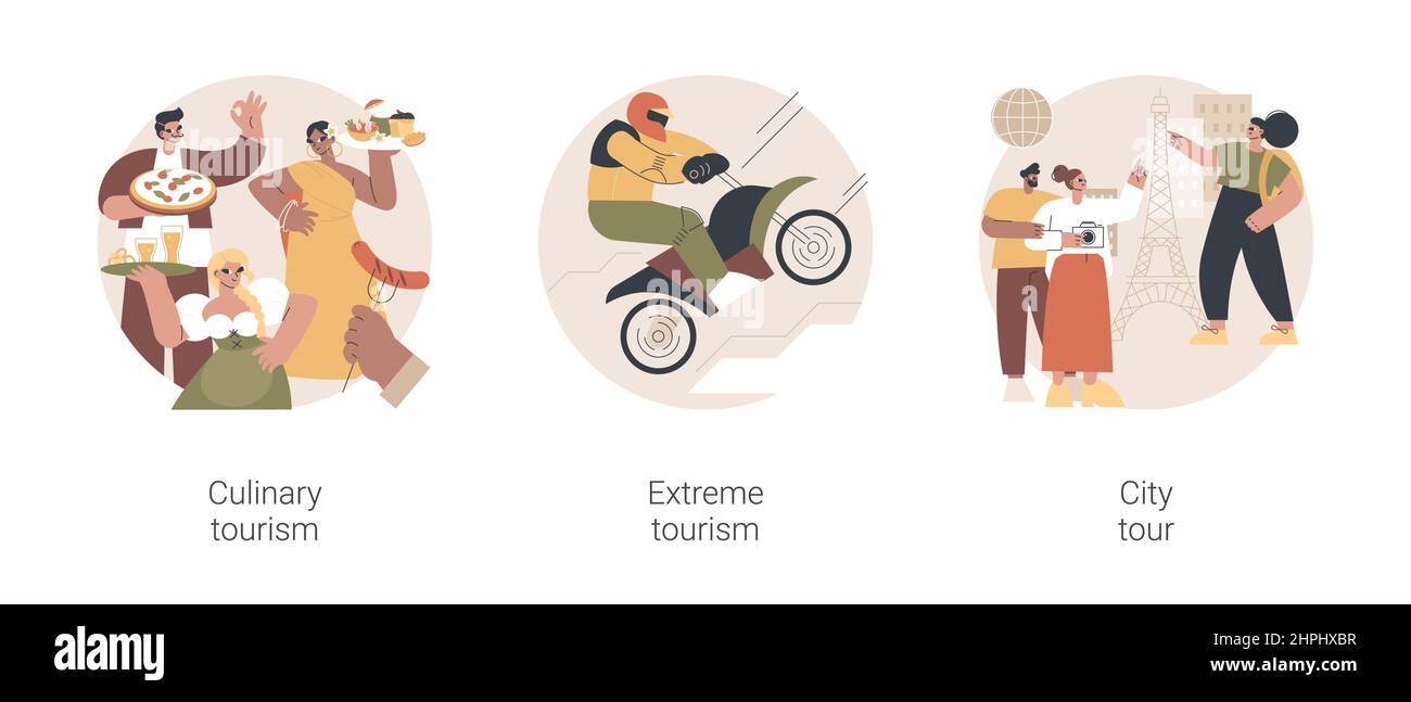 Authentic travel experience abstract concept vector illustration set. Culinary tourism, extreme sports, city tour, local cuisine, food festival, climbing mountains, sightseeing abstract metaphor. Stock Vector