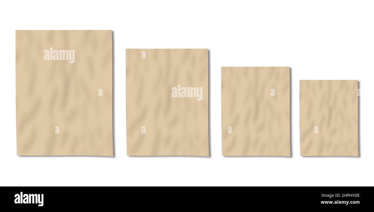 Glued Vintage Paper Blanks mock up Laying on Neutral Background (Flat lay) with different Sizes . Branding Identify Templates. 4 Wrinkled Posters. Stock Photo