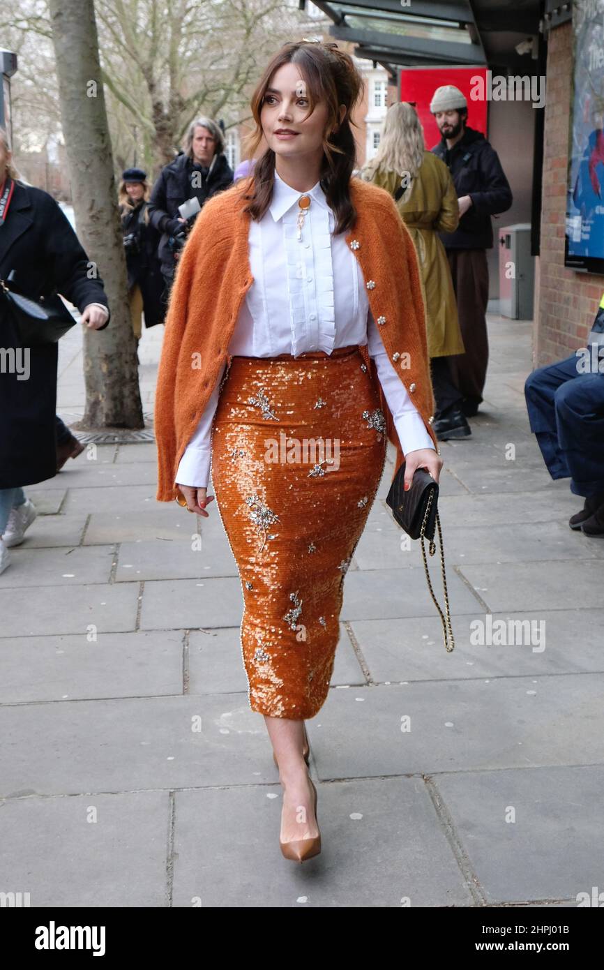 London, UK, 21st Feb, 2022. Day four of London Fashion Week with Dr Who actress Jenna Coleman arriving for the Erdem catwalk show at Sadler's Wells theatre. Credit: Eleventh Hour Photography/Alamy Live News Stock Photo