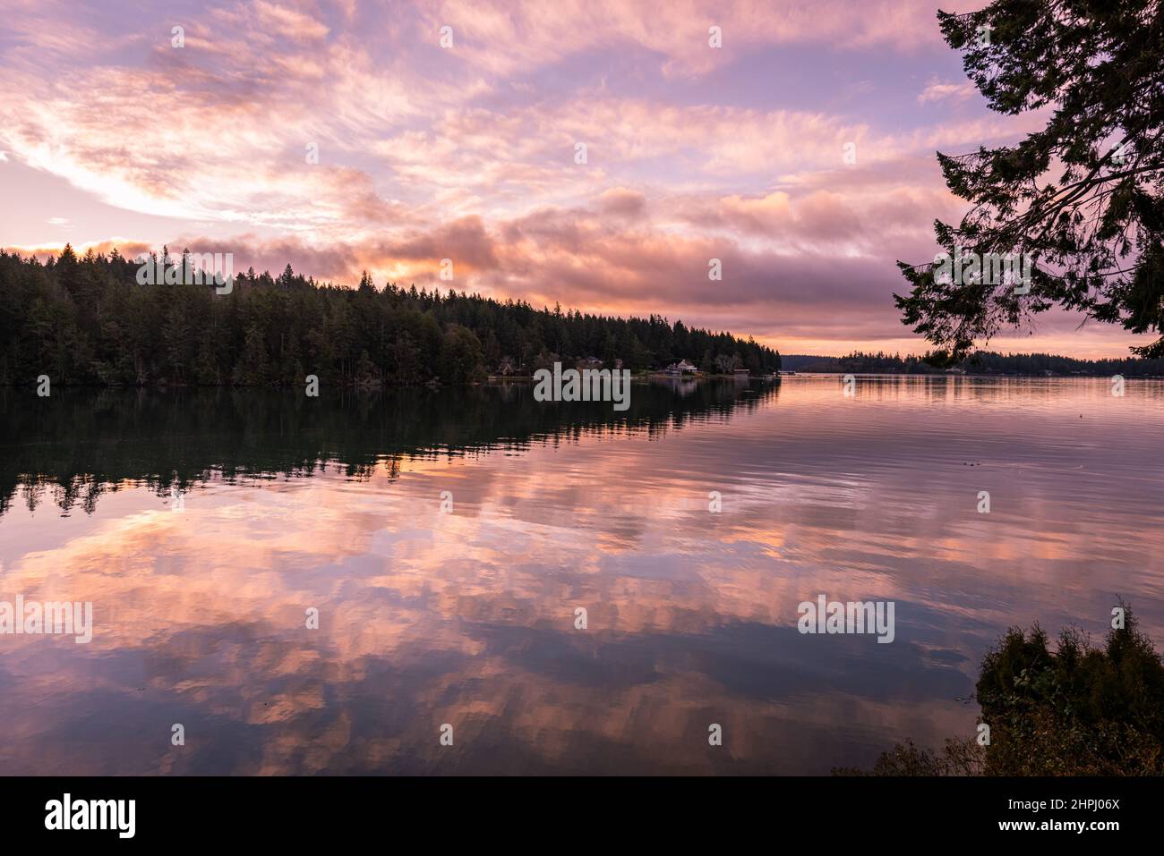 Vibrantly colorful peaceful sunrise sky reflections over forest and water on the Puget Sound, Washington State, Pacific Northwest Stock Photo