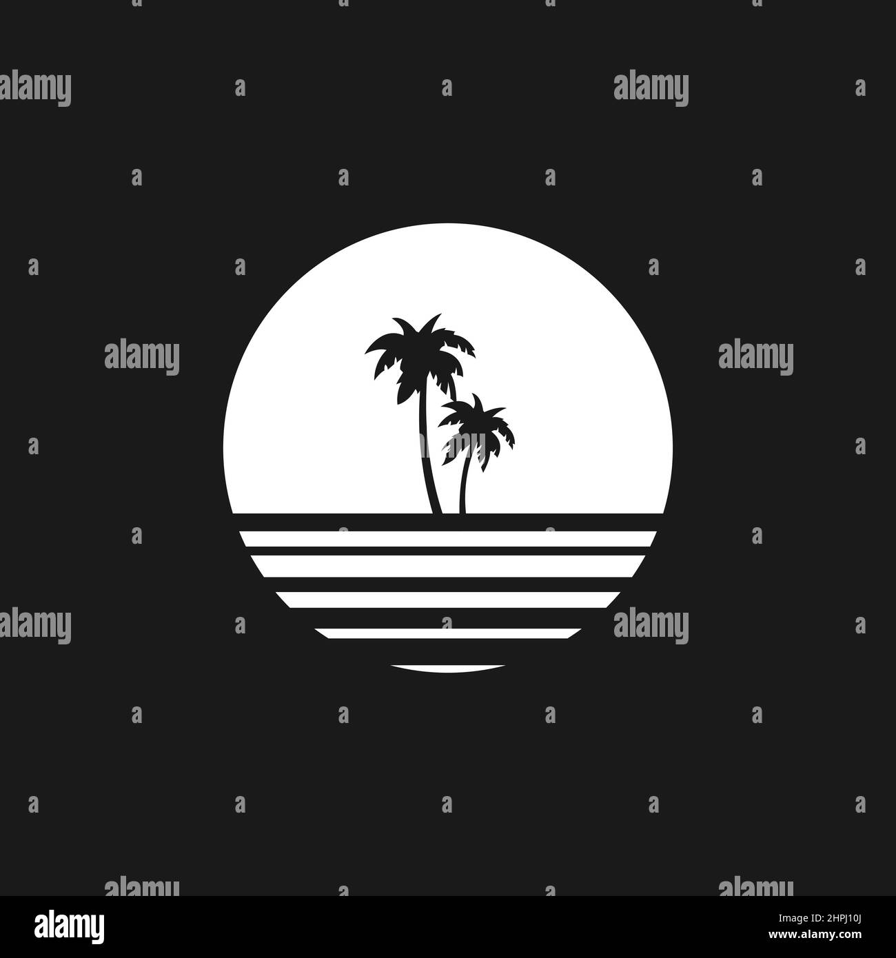 Retrowave sun, sunset or sunrise 1980s style with palm tree silhouettes. Black and white sun with stripes and palm tree silhouettes. Design element Stock Vector