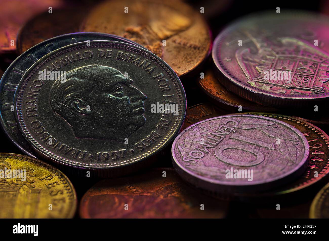 Francisco Franco Five Pesetas Coin 1957 Obverse Reverse Close Up Coin Stacks Black Background Stock Photo