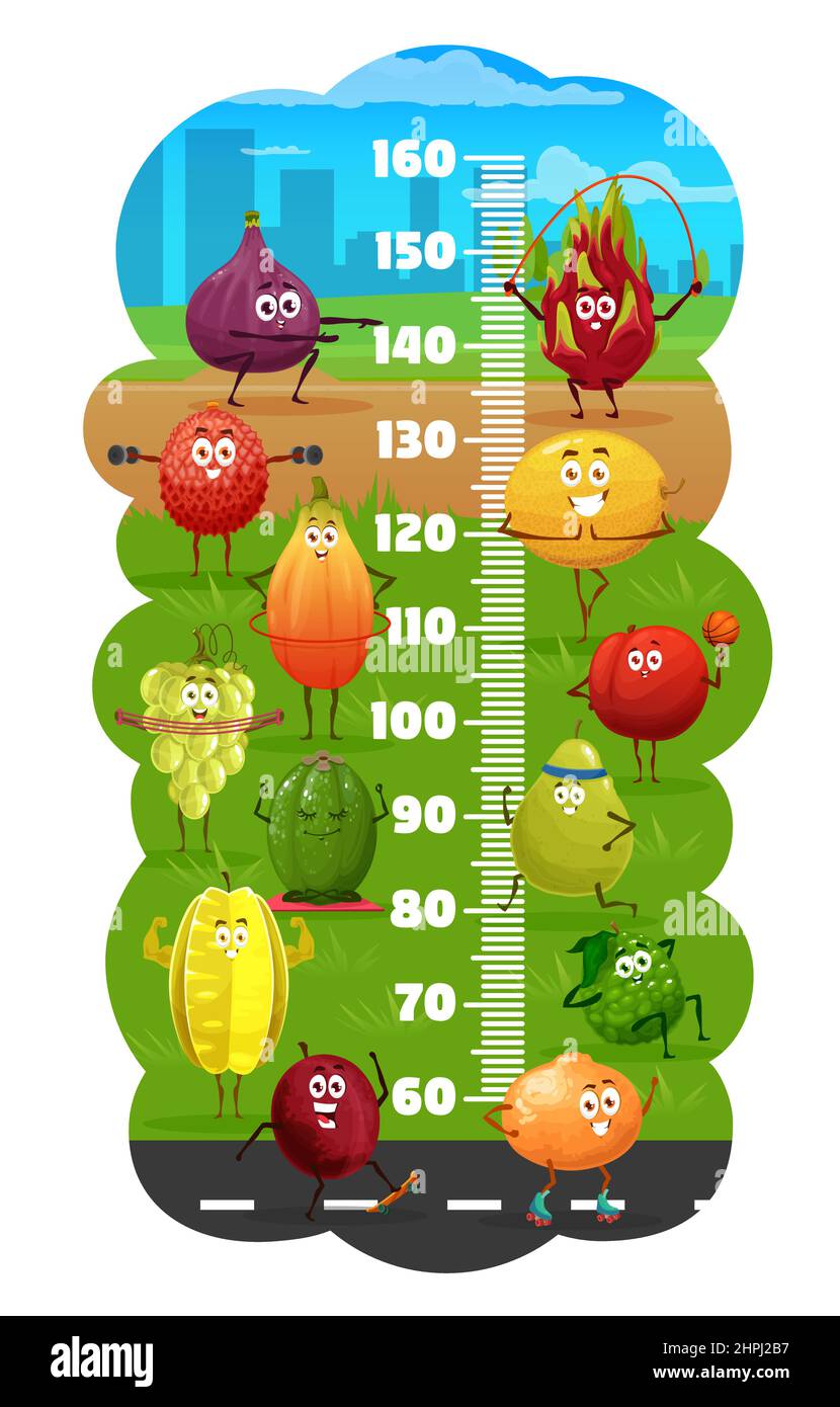 Kids height chart with cartoon fruits characters on fitness. Child