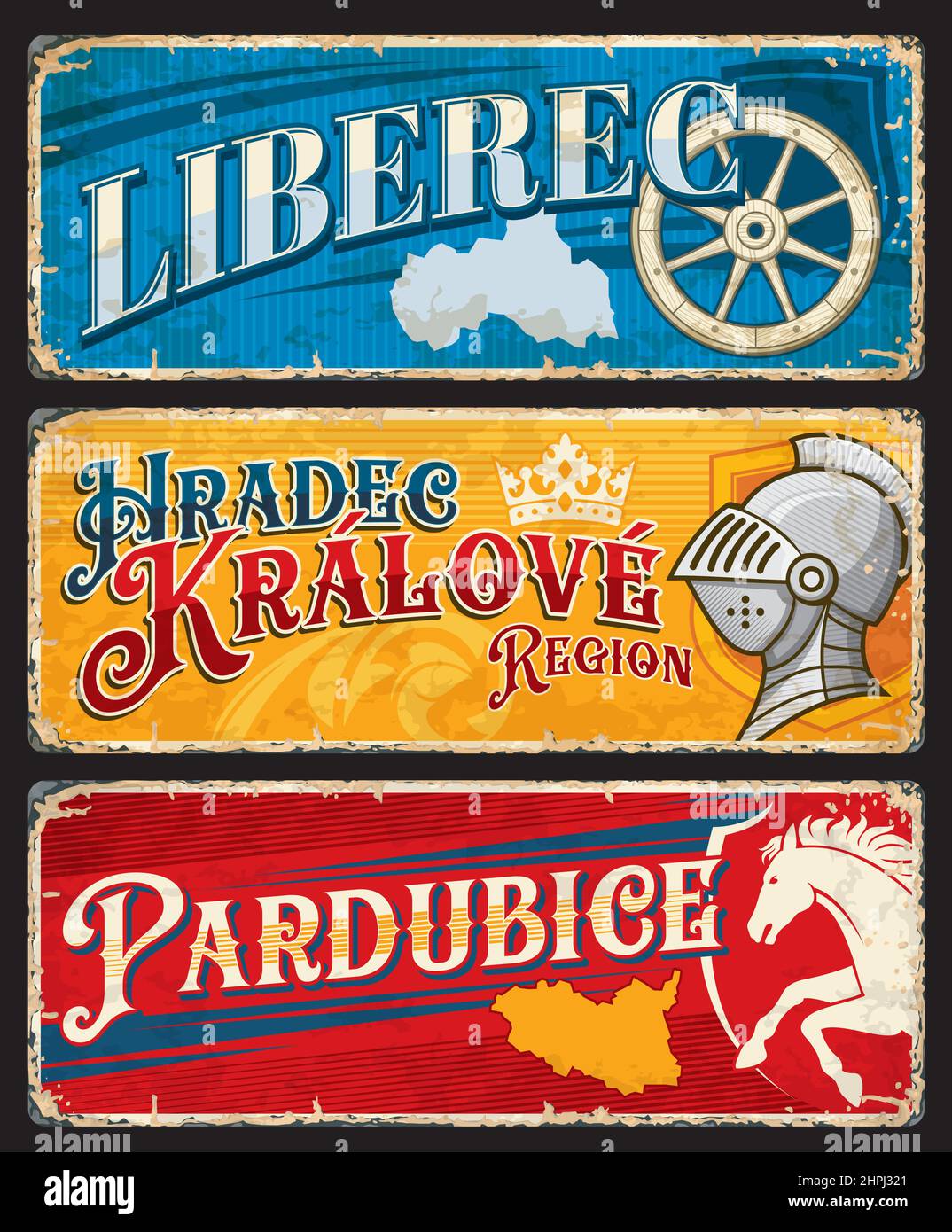 Pardubice, Hradec Kravole, Liberez czech regions plates and travel stickers. Vector vintage boards or plaques, touristic banners with heraldic shield, Stock Vector