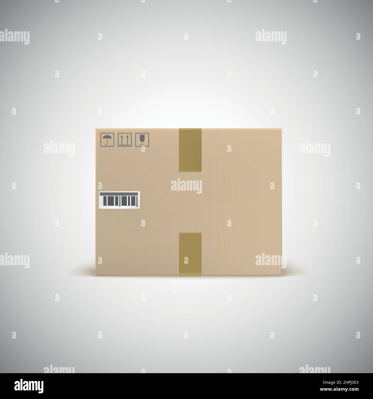 Sealed cardboard box with barcode tape and traffic signs. Front view. Stock Vector