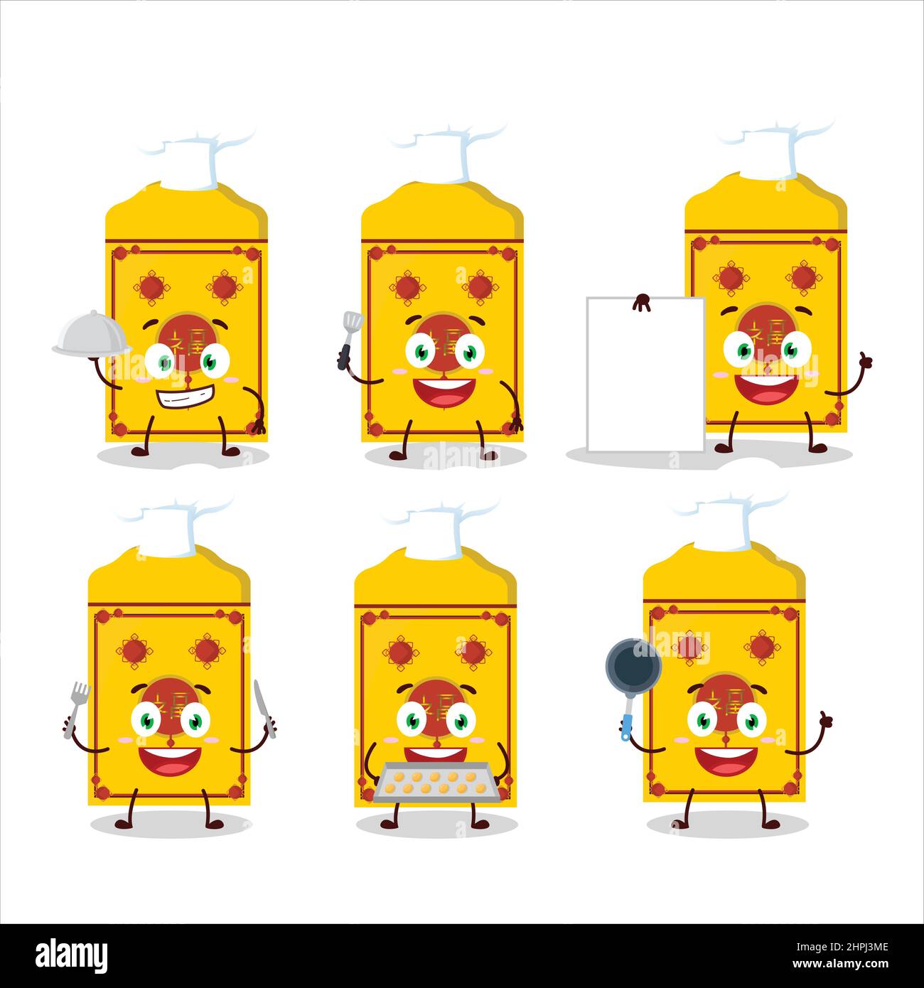 Cartoon character of yellow packets chinese with various chef emoticons ...