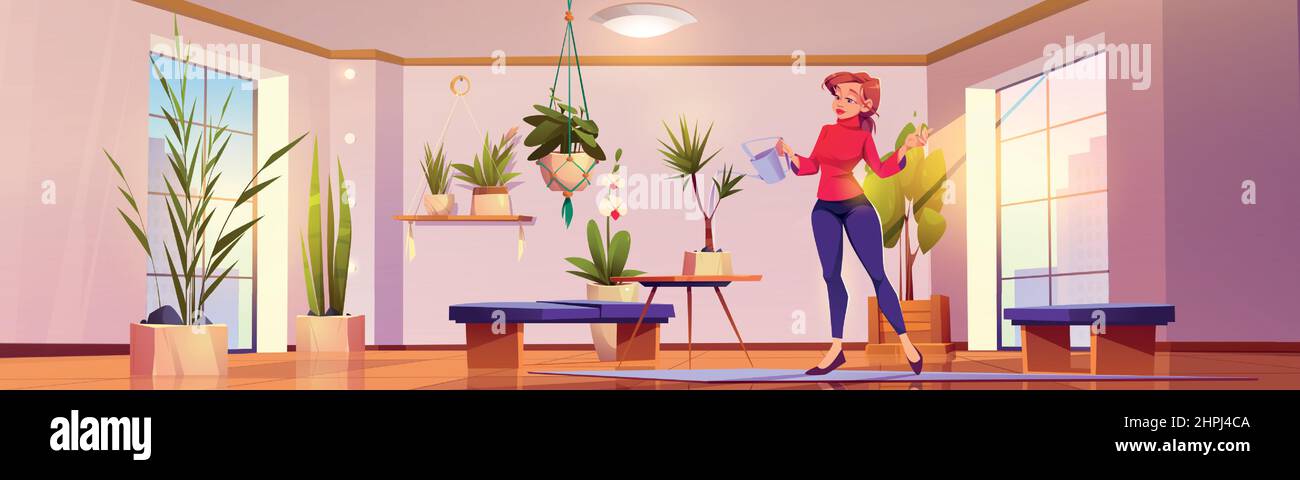 Woman waters plants at home. Girl takes care of houseplants in pots. Vector cartoon illustration of room or greenhouse interior with flowers, orchid, tree and person with watering can Stock Vector