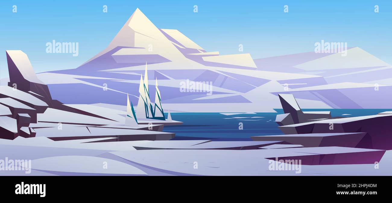 Nordic landscape with white mountains, snow and sea shore. Vector ...