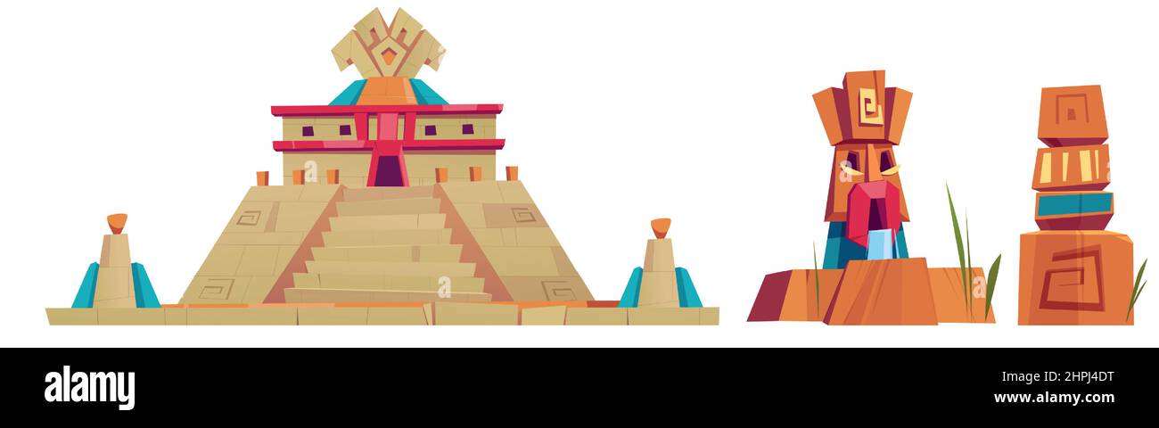 Aztec pyramids and statues, mayan city monumental landmarks isolated on white background. Stone Temple of Kukulkan or El Castillo Pyramid in Chichen Itza, Machu Picchu, Cartoon vector illustration set Stock Vector