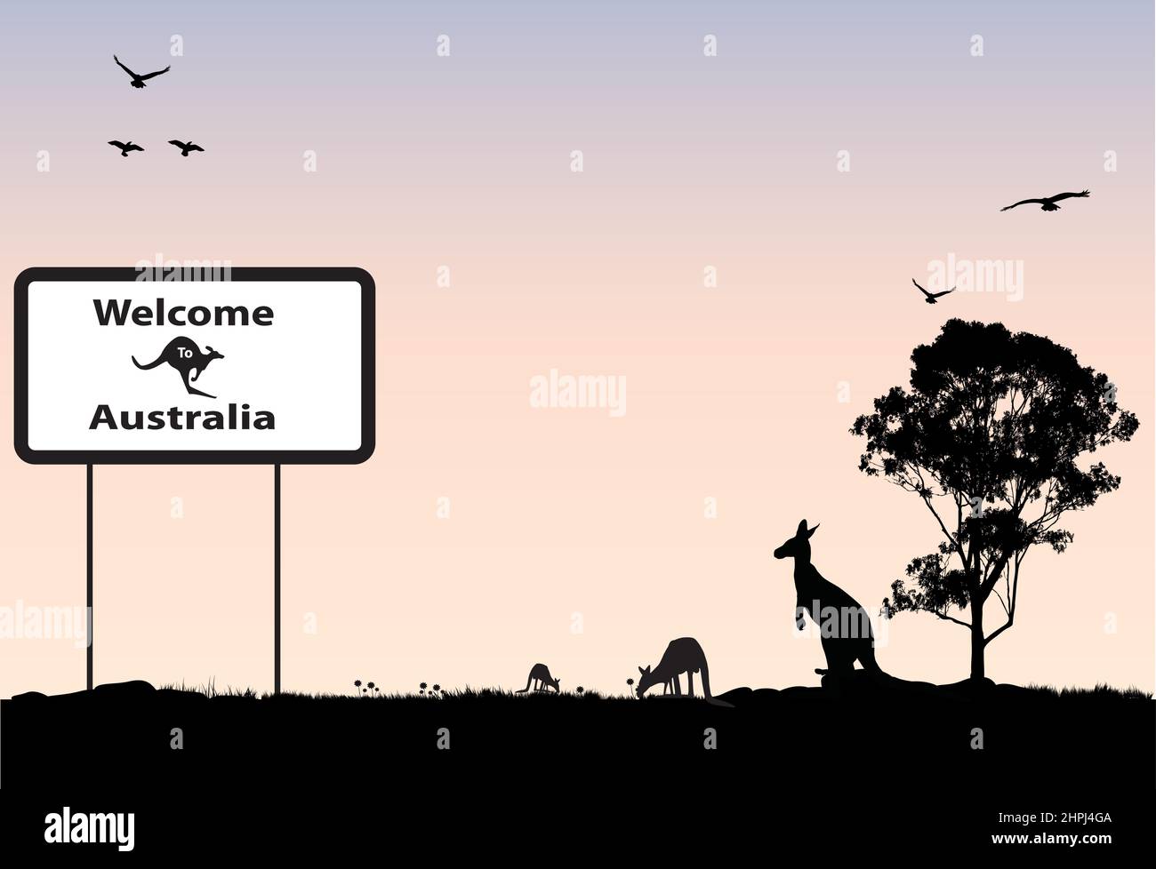 Australian scene with sign of welcome to australia. Kangaroos and gum trees Stock Vector