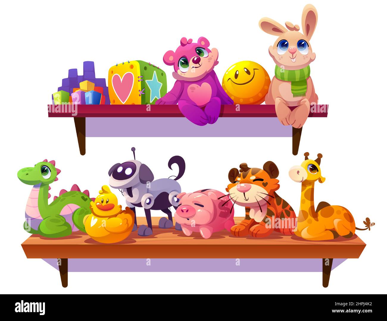 Kids toys on wooden shelf, funny plush tiger, bear, bunny, dinosaur and giraffe, piggy bank, smiling ball and robot dog. Constructor blocks, rubber duck and cubes for child playing, Cartoon vector set Stock Vector