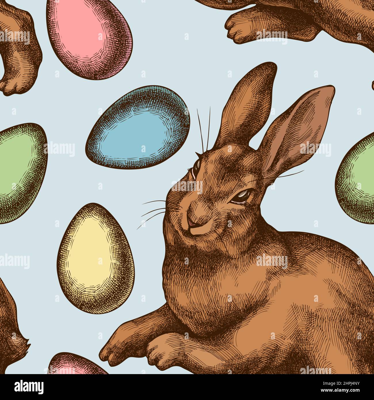 Easter seamless pattern background design. Engraved style. Hand drawn eggs, rabbit. Stock Vector