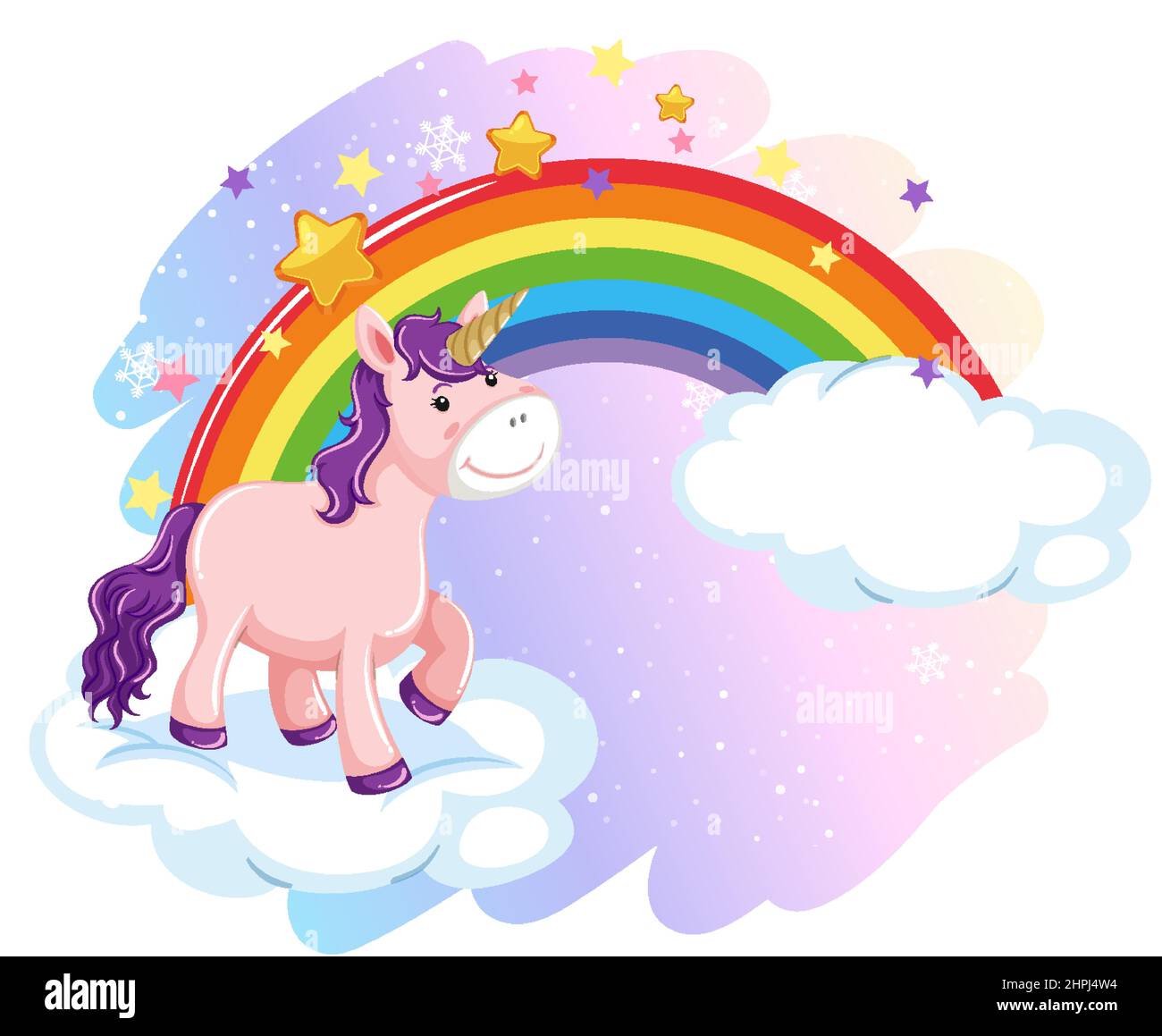 Cute unicorn standing on a cloud with rainbow illustration Stock Vector ...