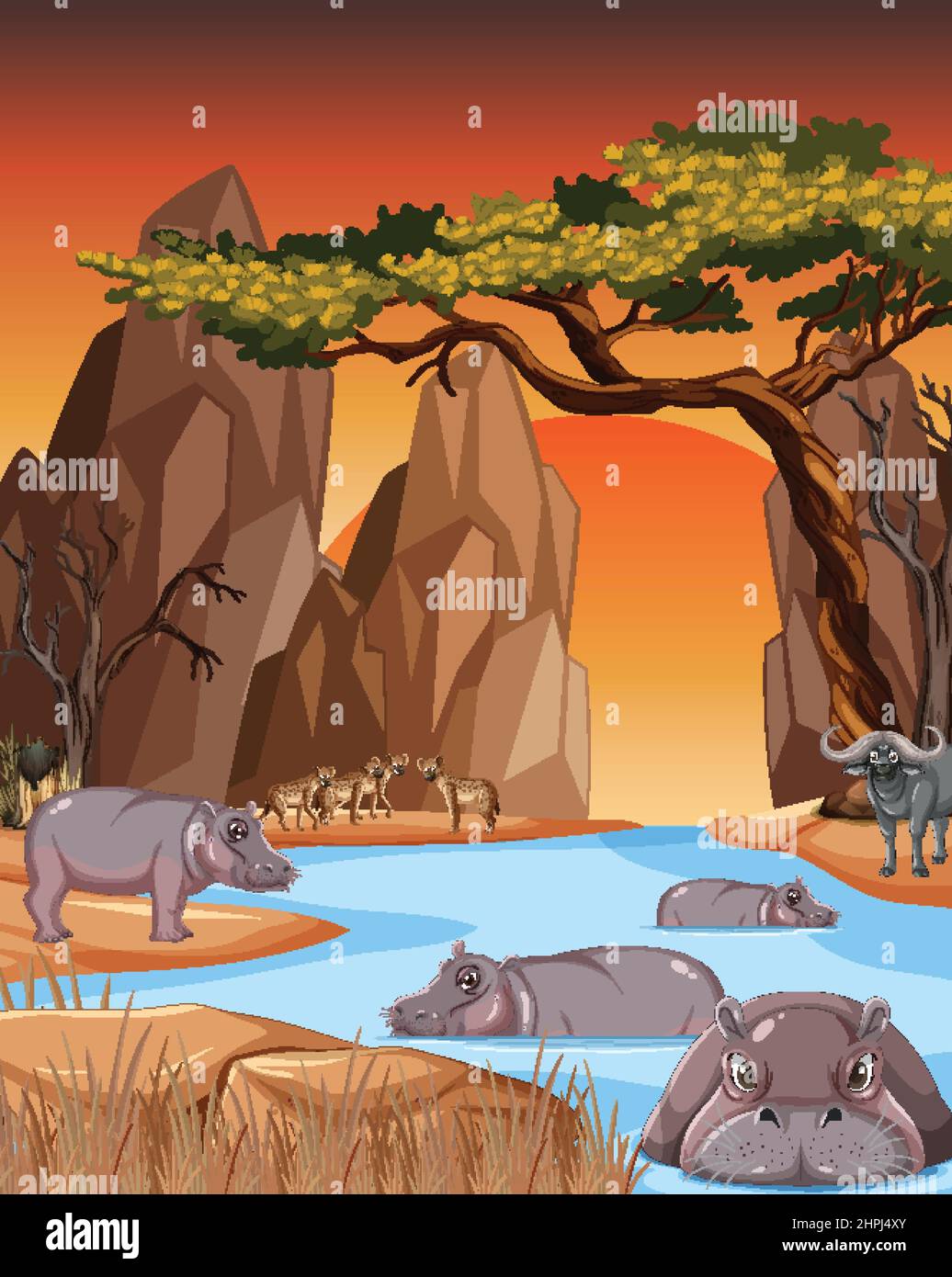 Tropical forest scene with hippopotamus illustration Stock Vector Image ...