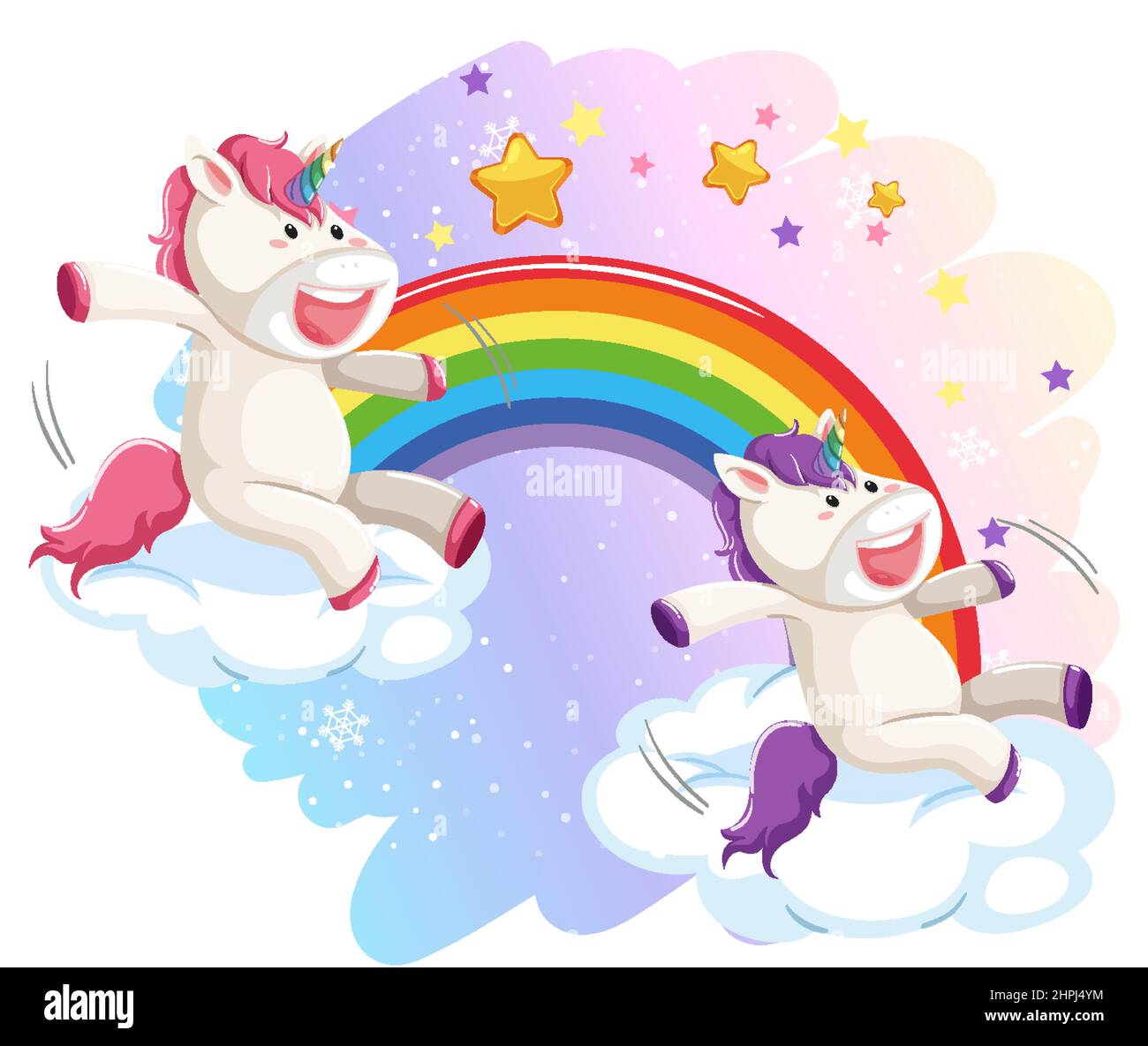 Two unicorns standing on clouds with rainbow illustration Stock Vector ...