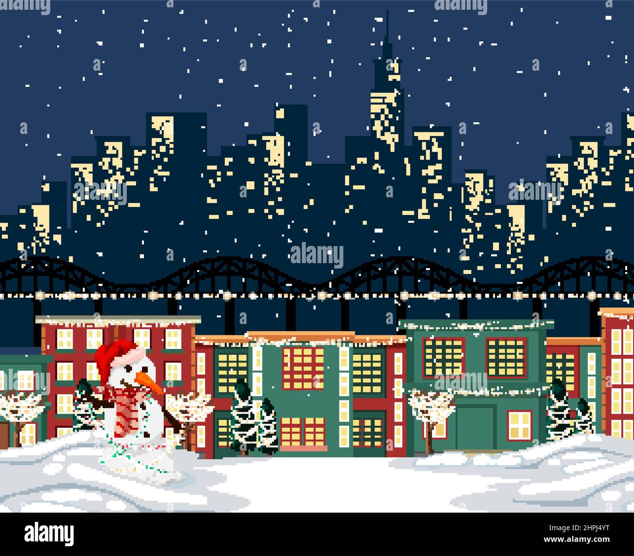 Winter snowy night small town background illustration Stock Vector ...