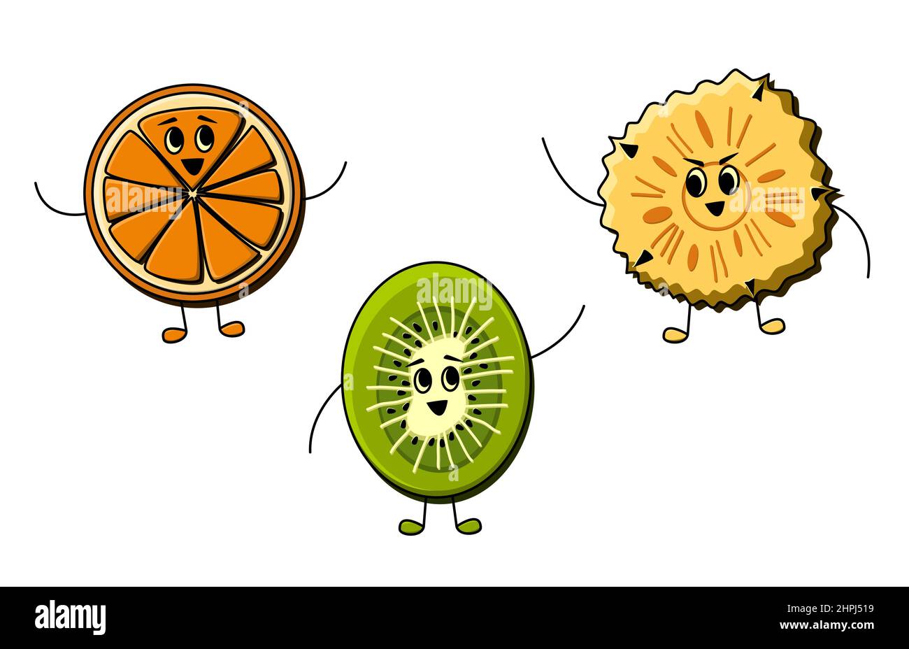 Cute fruit friends in cartoon style. Orange, kiwi and pineapple vitamin characters smiling and waving hello together Stock Vector