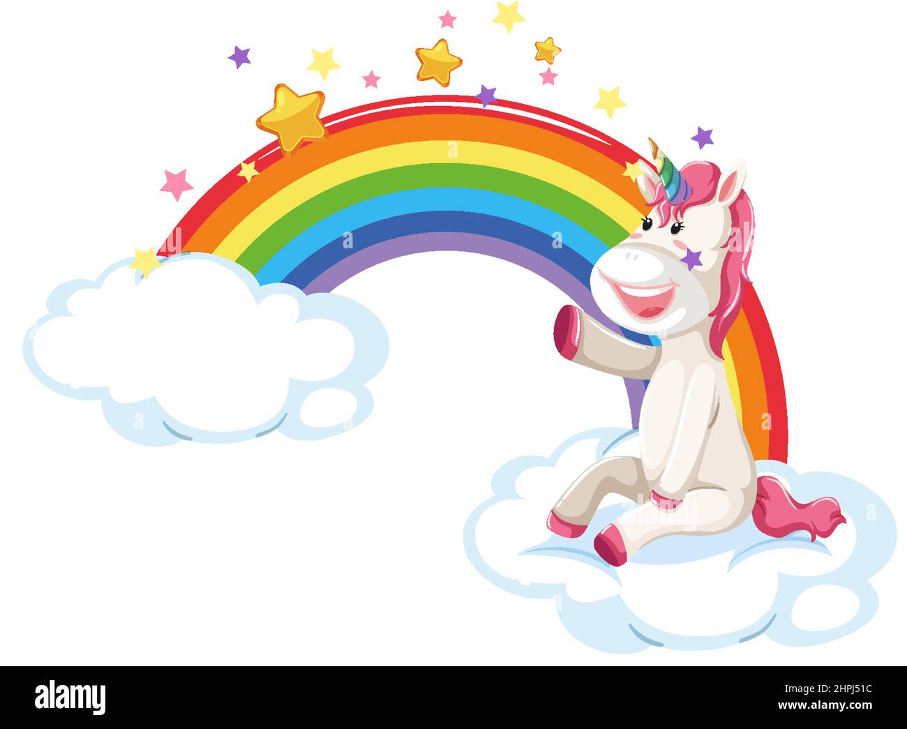 Cartoon unicorn sitting on a cloud with rainbow illustration Stock ...