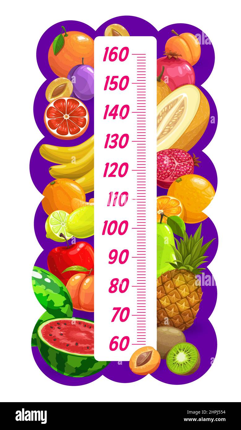 Kids height chart with cartoon ripe fruits, vector growth measure meter