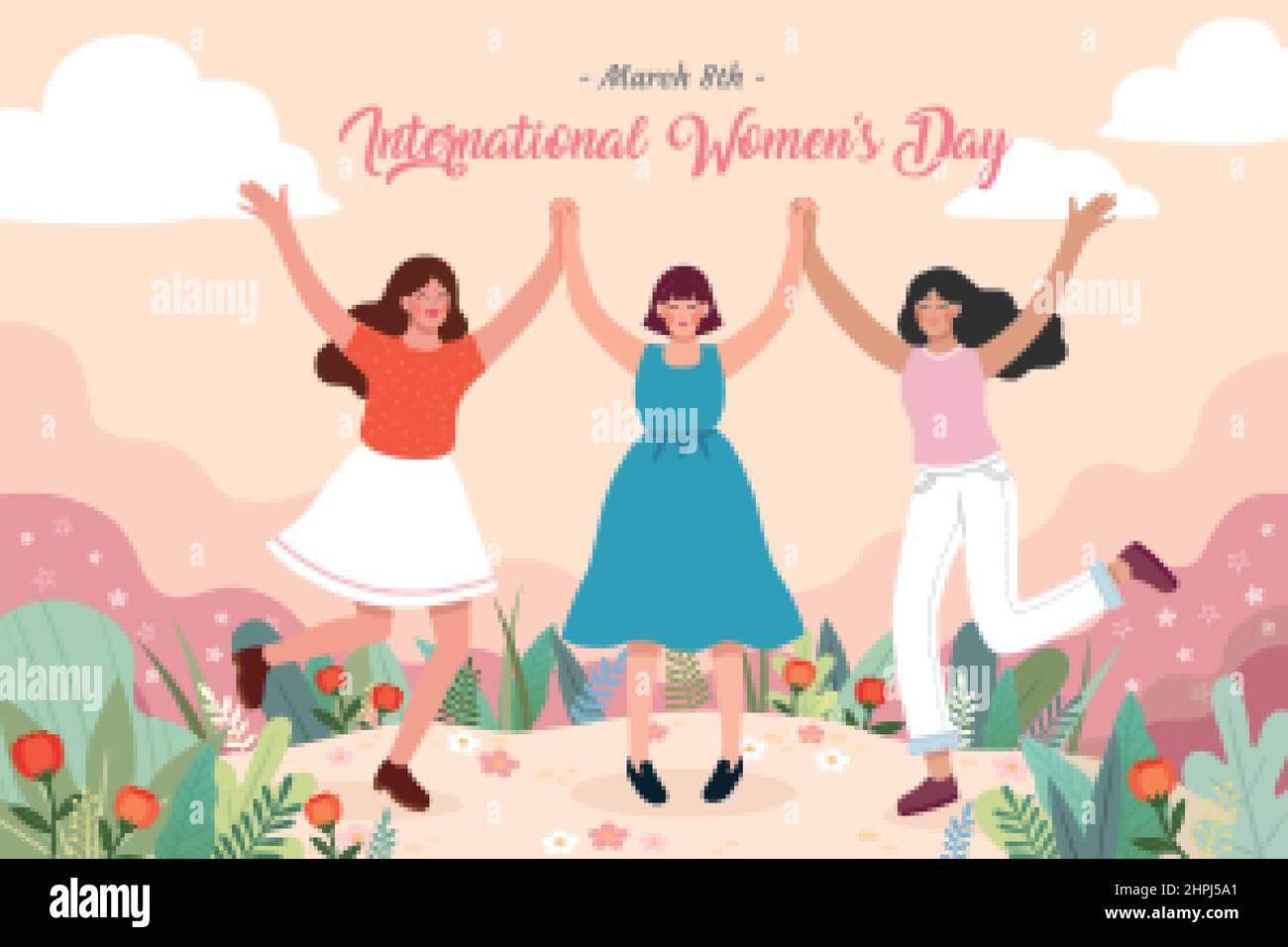 International Women's Day banner. Flat illustration of three women of different races standing in flower garden holding hand in hand happily. Concept Stock Vector