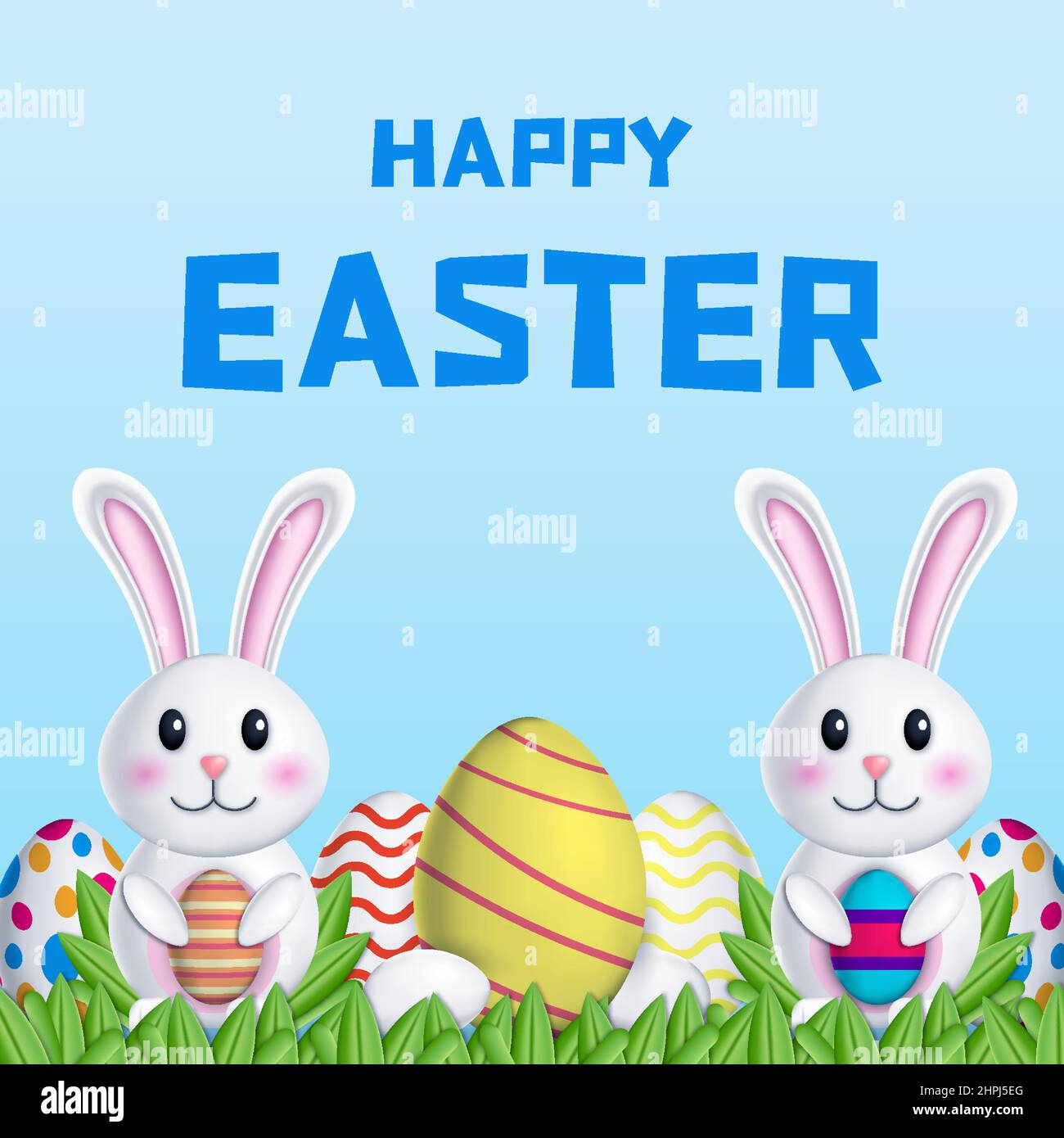 happy easter day 3d illustration with two rabbits holding eggs Stock Vector