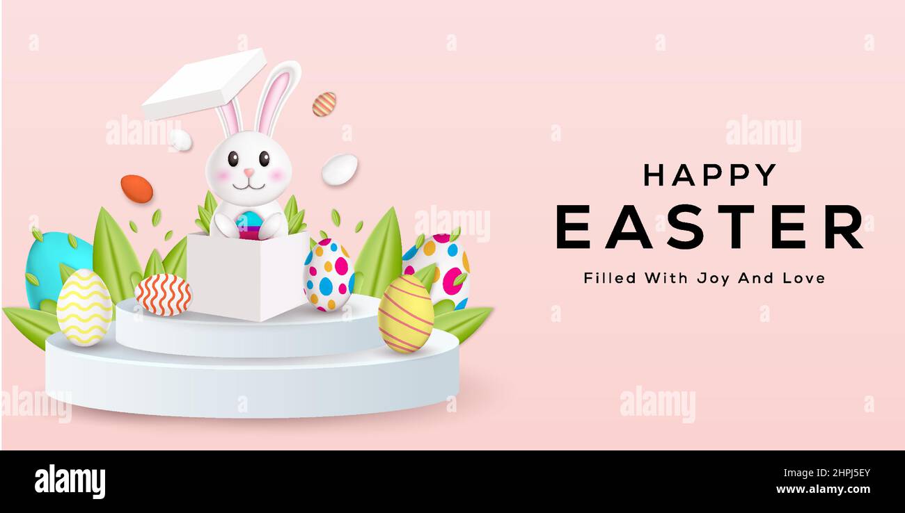 happy easter 3d illustration with a rabbit show up from the box above the podium Stock Vector