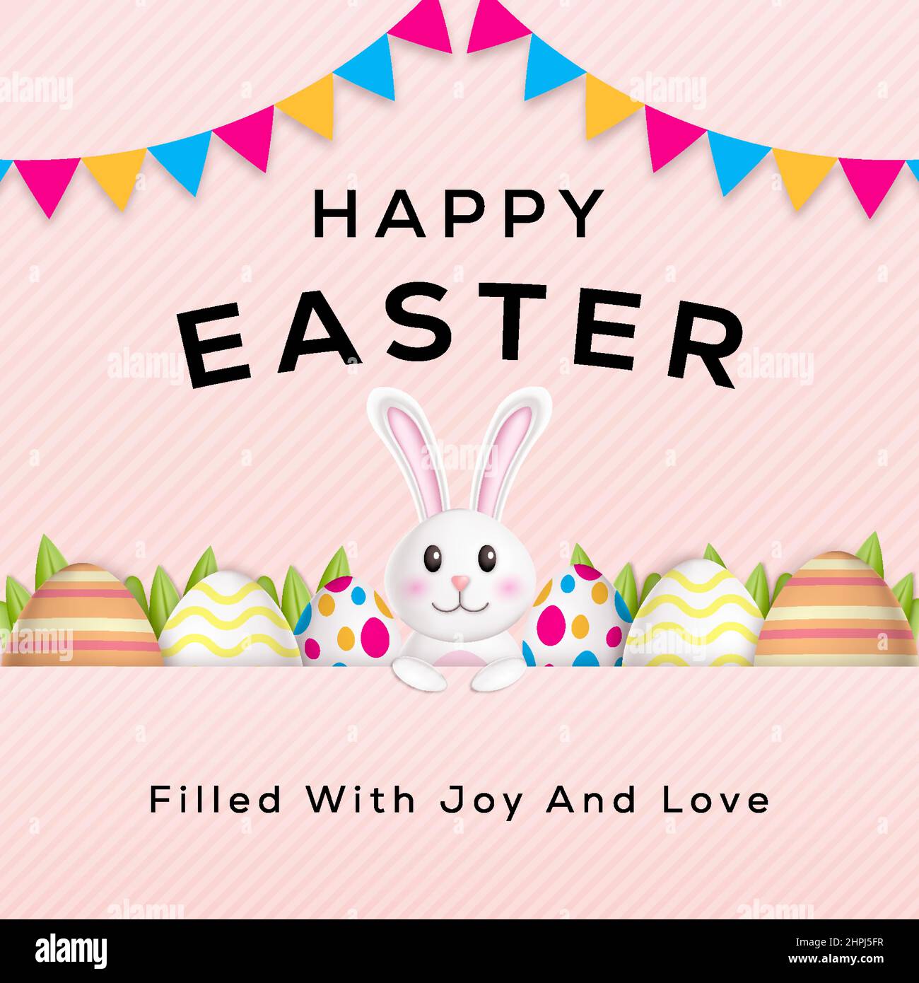 happy easter design 3d illustration with rabbit, eggs, and leaves Stock Vector