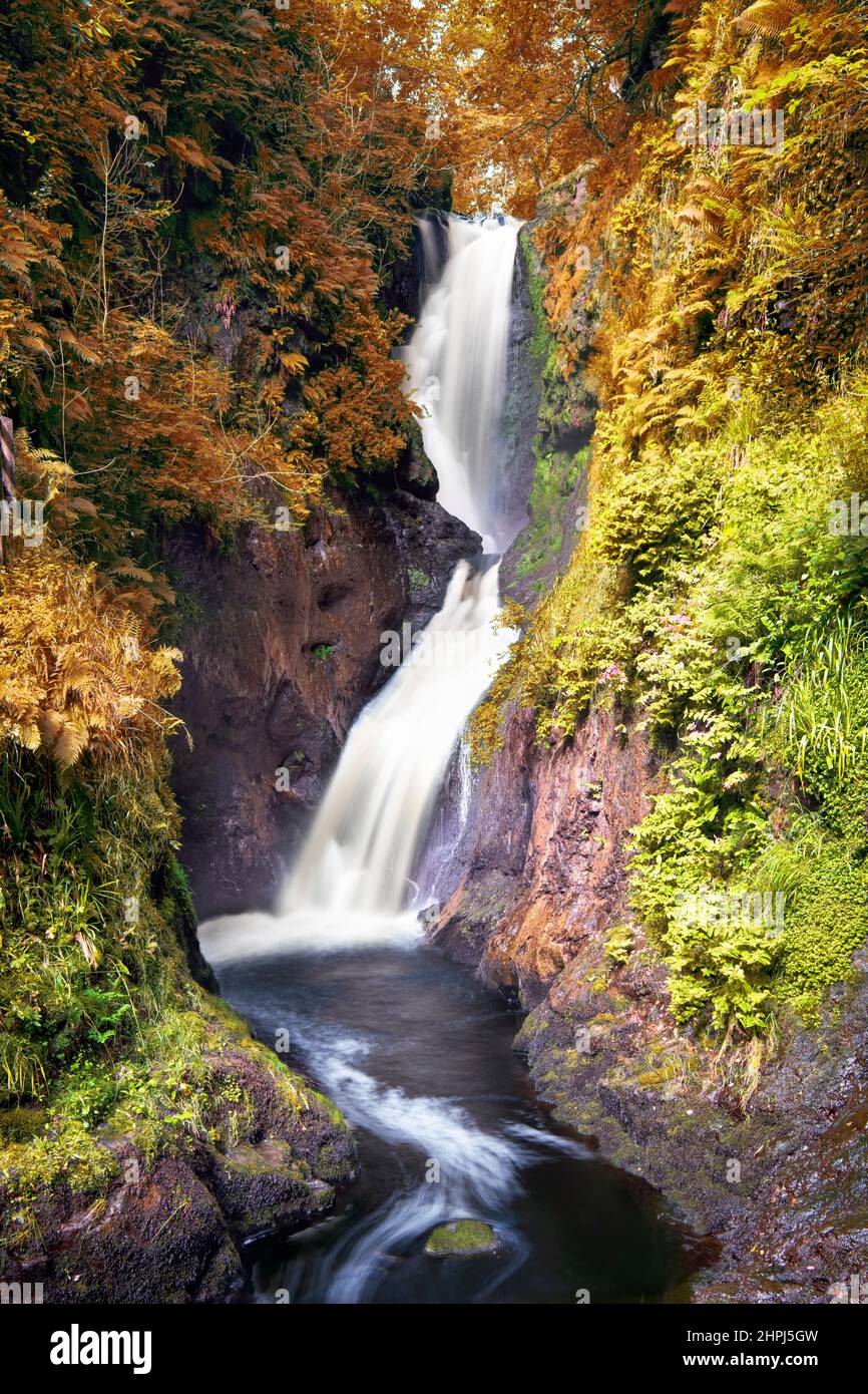 Ess-Na-Laragh waterfall on Waterfall trail in Glenariff Forest Park. Stock Photo