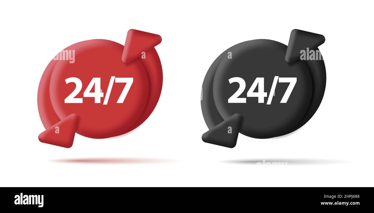 Twenty four seven service or support badge, black and red 3d round shapes with aroows in circle, digital icon Stock Vector