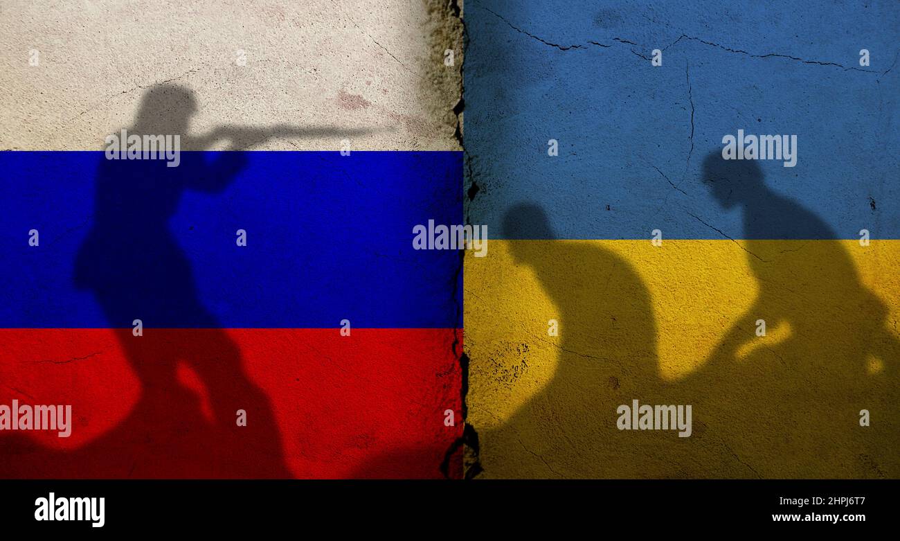 Russia vs Ukraine Flags War Shadows Stock Photo