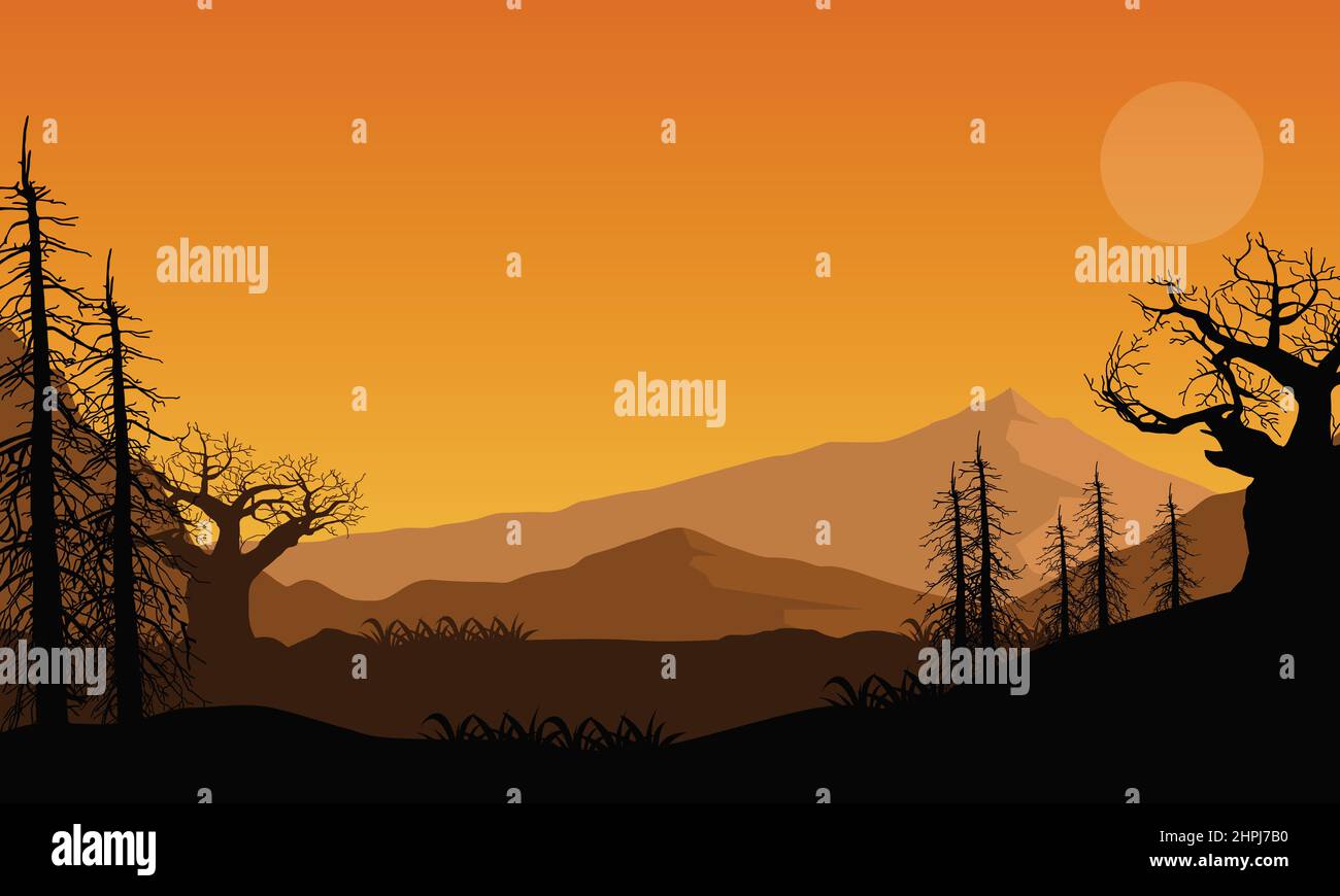 Pdusk Vector Aesthetic mountain view with dry tree silhouette from outside the ...